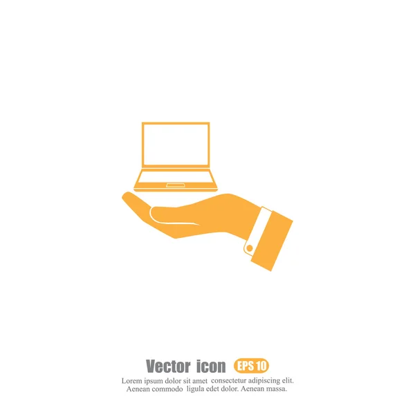 Mão segurando ícone laptop — Vetor de Stock