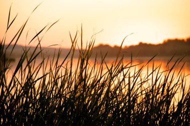 Gölün bith bulanık arka planında gün batımı