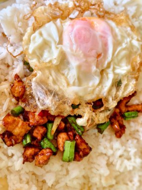 Otantik Tayland gai ped prik 'i. Taze tavuk, uzun fasulye ve acı soslu chili. Üzerine pişmiş yumurta ve yakın plan ev yapımı pilav.