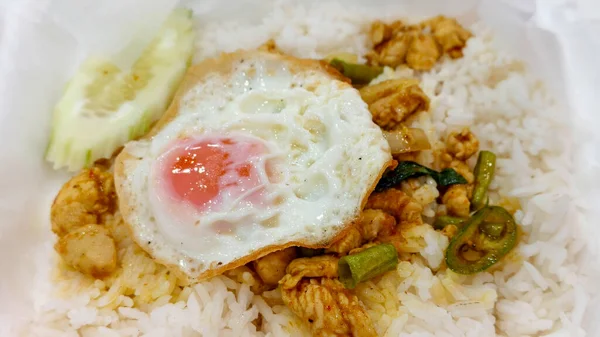 Otantik Tayland tavuğu aromatik köri soslu yeşil fasulye. Üzerine yağda yumurta ve salatalık dilimi ve buharda pişirilmiş pirinçle kaplanmış canlı yakın plan.