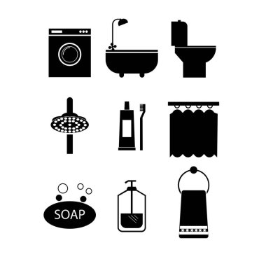 Banyo ikonu seti. Banyo, tuvalet, çamaşır makinesi işareti.