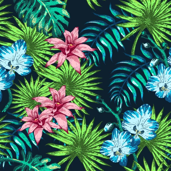 Flores y Palma PAttern — Vector de stock