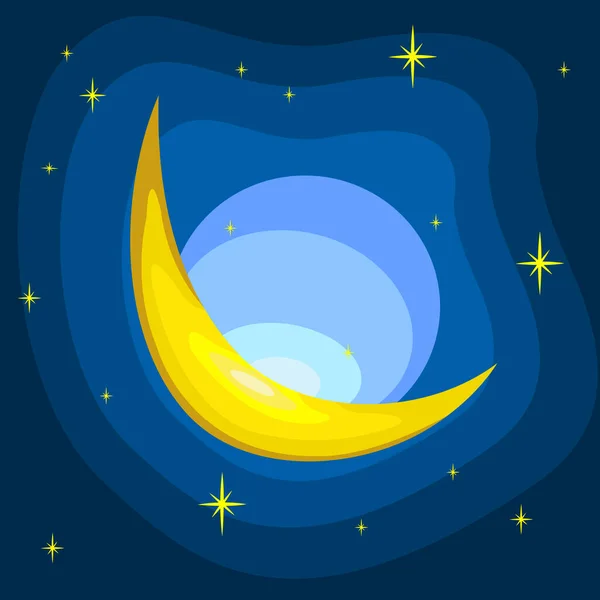 Ilustración Vectorial Luna Creciente Amarilla Media Luna Amarilla Estrellas Cielo — Vector de stock