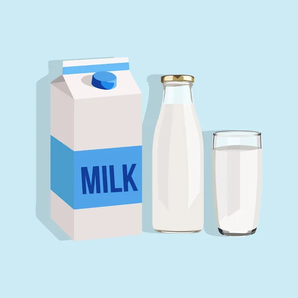 Векторная Иллюстрация Стакан Молока Бутылка Молока Коробка Молока Молочная Еда — стоковый вектор