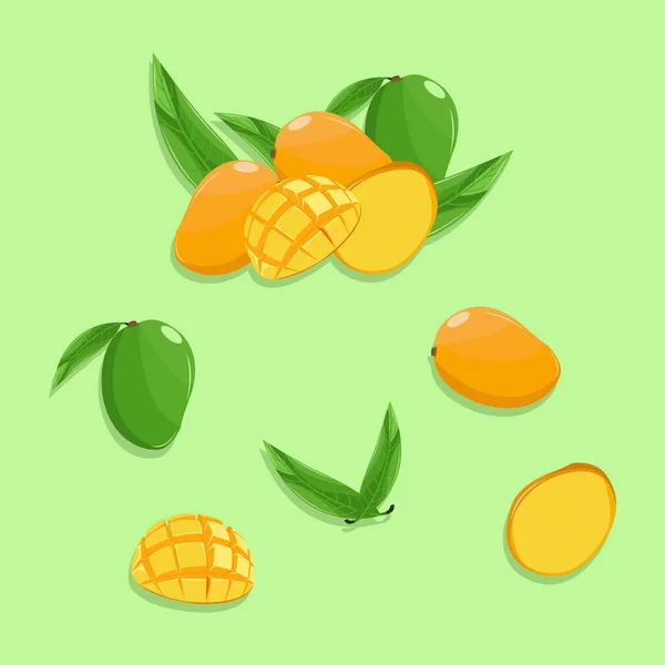 Vector Illustration Set Mango Orange Green Mango Leaves Half Sliced — Stock Vector