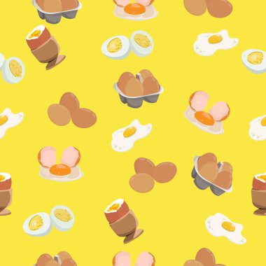 Yumurtanın kusursuz deseninin vektör çizimi. Çiğ yumurta ve pişmiş yumurta. sert ve kaynamış. Güneşli bir yumurta. Paket kağıdı için kusursuz desen.