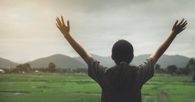 Genç bayan, mısır tarlasının arka planına karşı.