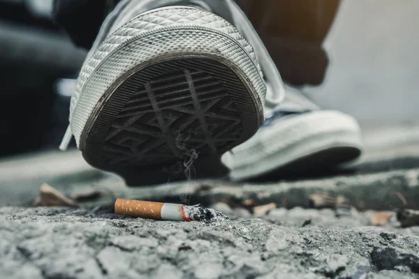 Shoes Crushing Cigarette Butt World Tobacco Day — стоковое фото