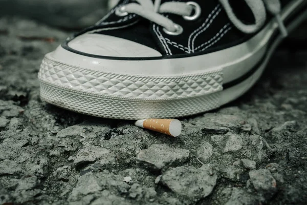 Shoes Crushing Cigarette Butt World Tobacco Day — стоковое фото