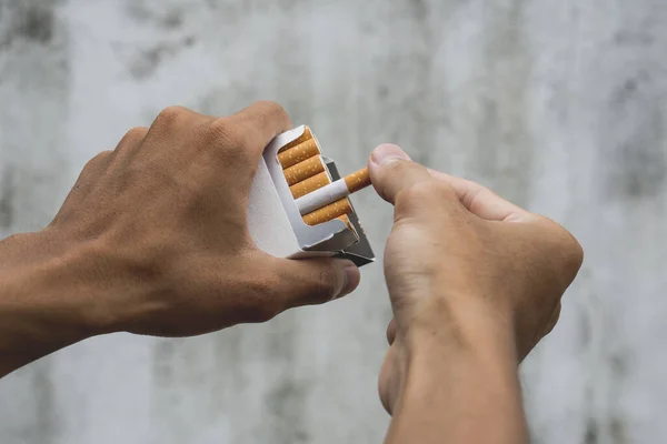 Cigarro World Tobacco Day Concept Closeup Mão Homem Segurando Descascá — Fotografia de Stock