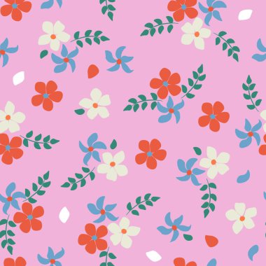 Çiçeksel, soyut, pürüzsüz desen. Pembe arka planda farklı çiçekler. Örtü, duvar kağıdı, kumaş, ambalaj, ambalaj için ideal.