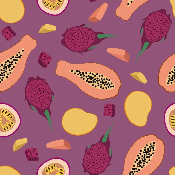 Seamless Exotic Fruit Pattern Mango Papaya Pitaya Passion Fruit Purple — Stock Vector