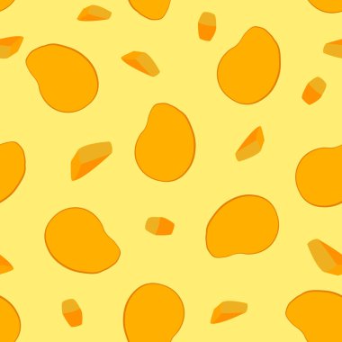 Sarı arka planda pürüzsüz mango deseni. Kapak, ambalaj kağıdı, tropik duvar kağıdı, kumaş, ambalaj, broşür ve posterler için renkli vektör çizimi.