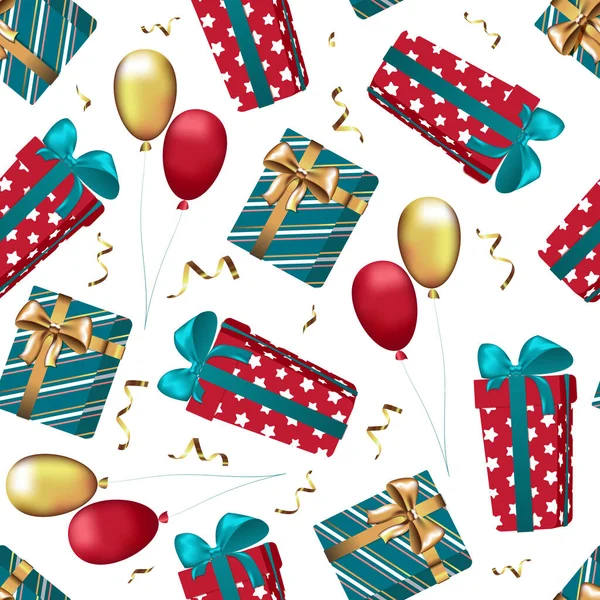 Weihnachten Nahtlose Muster Mit Geschenken Serpentinen Und Luftballons Auf Weißem — Stockvektor