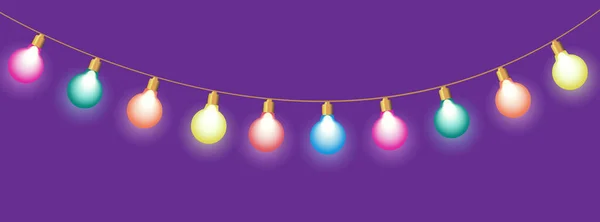 Guirlande Noël Colorée Isolée Sur Fond Violet Ampoules Lumineuses Vectorielles — Image vectorielle