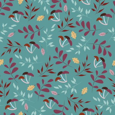 Şam fıstığı arka planında, mantarlı, meşe yapraklı ve dallı kusursuz sonbahar deseni. Duvar kağıdı, kapak, paket, ambalaj kağıdı, tekstil, kumaş için uygun. Vektör çizimi. Mevsimlik renkler.