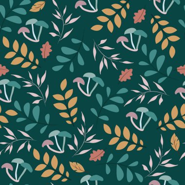 Yeşil zemin üzerinde meşe yaprakları, mantarlar, yapraklar, yapraklar ve dallarla izole edilmiş vektörsüz orman deseni. Tekstil, kumaş, duvar kağıdı, kapak, ambalaj kağıdı için uygun. Sonbahar renkleri.
