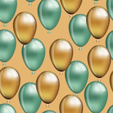 Altın arka planda izole edilmiş yeşil balonlu, pürüzsüz şablon. Paket, ambalaj, ambalaj kağıdı, tekstil, kumaş, kapak, duvar kağıdı için ideal.