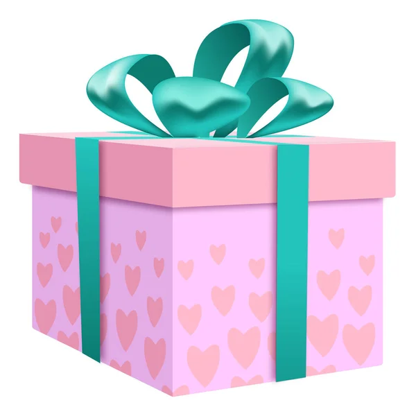 Coffret Cadeau Rose Décoré Cœurs Avec Arc Vert Ruban Isolé — Image vectorielle