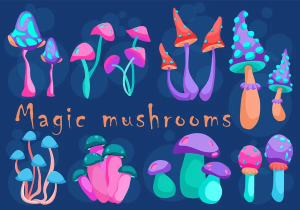 Jogo Cogumelos Néon Fantasia Fundo Azul Cogumelos Mágicos Desenhos Animados — Vetor de Stock