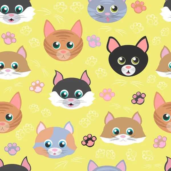Vector Seamless Pattern Muzzles Cats Different Breeds Isolated Yellow Background — Stock Vector