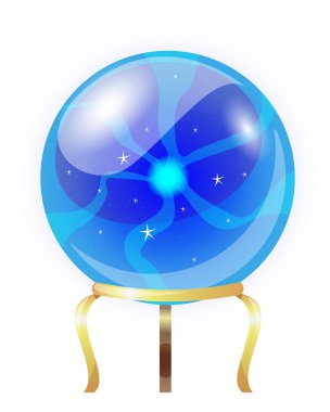 Falcılık için sihirli top, kehanetler ve kehanetler beyaz arka planda izole edilmiş. Vektör çizgi filmi, altın bir standın üzerinde parıldayan parlak kristal küre..