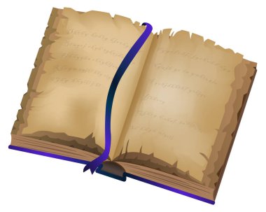 Karikatür büyüler kitabı. Beyaz arka planda izole edilmiş eski sarı sayfaları olan açık bir kitap. Vektör illüstrasyonu.