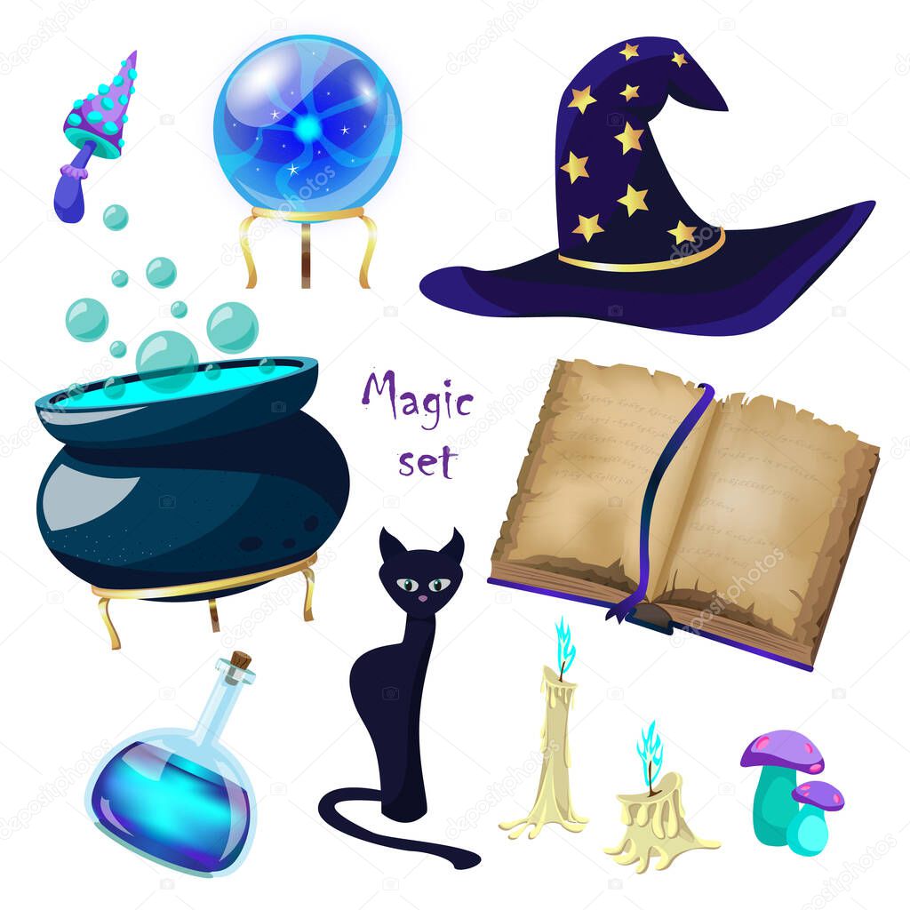 Magic set with fortune telling ball, black cat, spell book, mushrooms, cauldron of potion, candles, hat isolated on white background. Vector cartoon items for the witch.