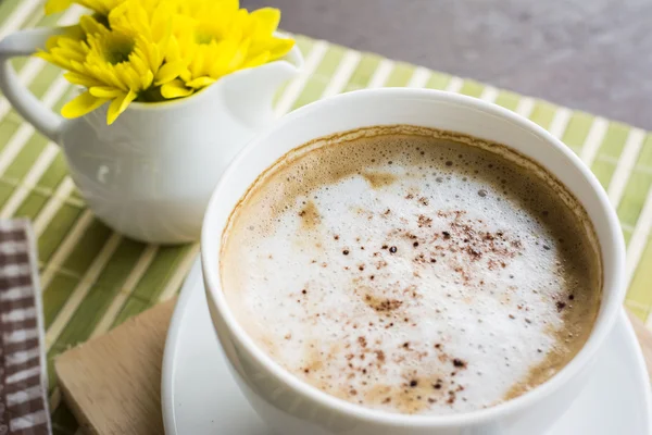 A cup of coffee or hot coffee on wooden table , soft-tone , focu — Stock Photo, Image