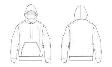 Uzun kollu, cep kapüşonlu kapüşonlu, teknik taslak çizim vektör illüstrasyonuyla tam uydu. Önde ve arkada düz giyimli tulum şablonu var. Kadınlar, erkekler unisex sweatshirt üst CAD.
