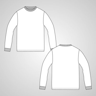Uzun kollu boyunla Teknik Sketch düz moda tişört önü ve arkası görünümü. Giysi tasarımı CAD Vektör İllüstrasyon şablonunu düzenle.