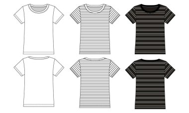 Pamuk forma normal uydu. Temel tişört, teknik taslak tasviri. Boyunda kısa kollu, dikey çizgili. Düz giyim şablonu. Kadın unisex top CAD modeli.