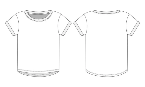 Manica Corta Girocollo Technical Sketch Flat Fashion Shirt Template Ragazze — Vettoriale Stock