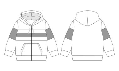 Uzun kollu, cep kapüşonlu kapüşonlu, teknik taslak çizim vektör illüstrasyonuyla tam uydu. Önde ve arkada düz giyimli tulum şablonu var. Kadınlar, erkekler unisex sweatshirt üst CAD.