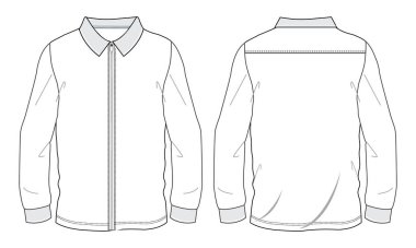 Fermuarlı uzun kollu polo kazak. Teknik moda düz çizim şablonu. Önde ve arkada. Kıyafet tasarımı vektör illüstrasyonu Polo tee CAD 'ı oluşturur..