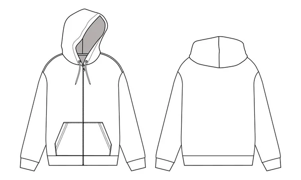 Long Sleeve Hoodie Technical Fashion Drawing Sketch Template Front Back — Stock Vector