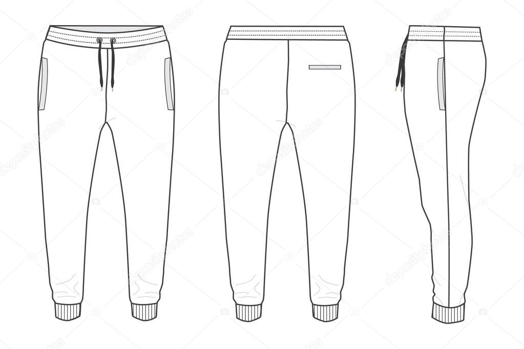 Fleece fabric Jogger Sweatpants overall technical fashion flat sketch vector illustration template front, back and side views isolated on white background.