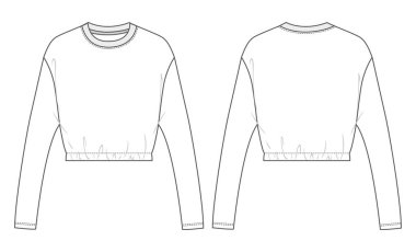 Baskının altında uzun kollu üst personel yakası bayanlar için teknik taslak taslak taslak şablonu. Düz bluz Ön ve arka görünüm taklit.
