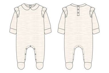 Bebek giysisi Teknik Moda taslak taslak vektör şablonu Önden ve arkadan görüş. Modern Stylish Kids Dress tasarım çizimi. Kolay düzenleme ve özelleştirilebilir.