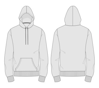 Kapüşonlu Sweatshirt genel olarak teknik moda düz çizim şablonu ön ve arka görünüm. Pamuk yün kumaş elbise tasarımı vektör çizimi ceket CAD 'ı taklit ediyor. Kolay düzenleme ve özelleştirilebilir.