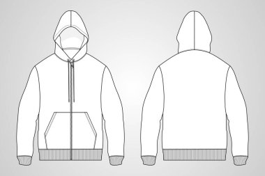 Fermuar tekniği ile uzun kollu kapüşonlu kapüşonlu taslak çizimi ön ve arka görünüm. Kıyafet tasarımı vektör illüstrasyonu ceket CAD 'ı taklit ediyor. Kolay düzenleme ve özelleştirilebilir.