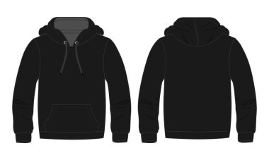 Kapüşonlu. Teknik taslak taslak Vektör şablonu. Pamuk yün kumaş kapüşonlu kapüşonlu sweatshirt çizimi siyah renk modeli. Giyim kuşam öndeki arkadan görüşü aşıyor. Erkekler, unisex top CAD.