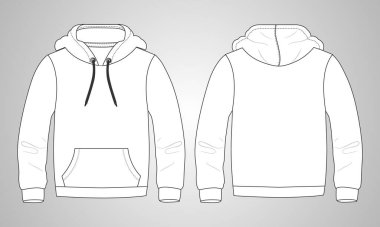 Kapüşonlu Teknik taslak Vektör şablonu. Pamuk yün kumaş kapüşonlu sweatshirt çizimi ön ve arka manzara gibi. Giyim kuşam Jumper Men, unisex top CAD.
