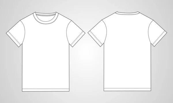 基本T恤技术时尚扁平素描模板 空白短袖服装设计矢量图解模拟了前后视图 容易编辑和定制的第10部分 — 图库矢量图片