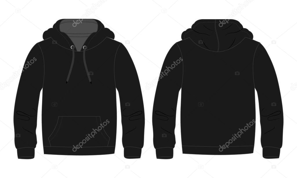 Hoodie. Technical fashion flat sketch Vector template. Cotton fleece fabric Apparel hooded sweatshirt illustration black color mock up. Clothing outwear jumper Front back views. Men, unisex top CAD.