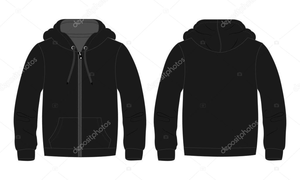 Hoodie. Technical fashion flat sketch Vector template. Cotton fleece fabric Apparel hooded with zipper sweatshirt illustration black color mock up Front, back views. Clothing outwear Men's top CAD.