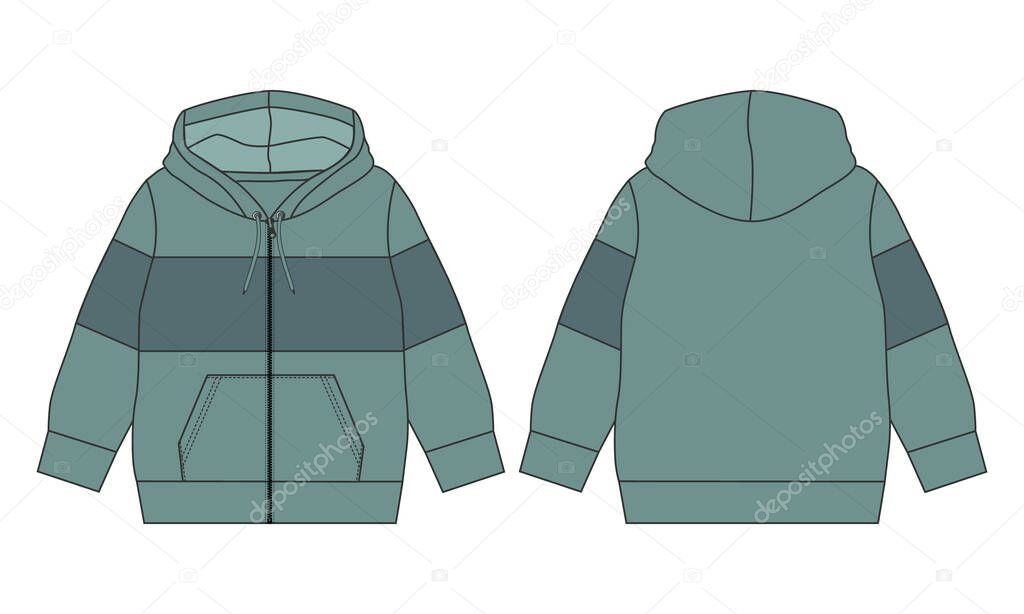 Hoodie. Technical fashion flat sketch Vector template. Cotton fleece fabric Apparel sweatshirt clothing hood illustration outwear jumper mock up. Men, unisex top CAD.