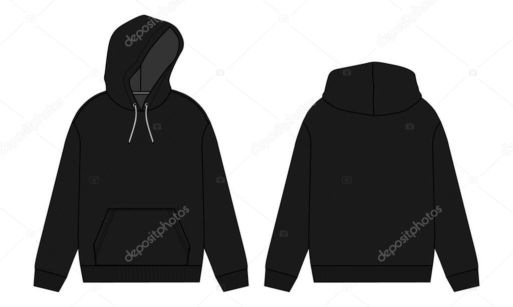 Hoodie. Technical fashion flat sketch Vector template. Cotton fleece fabric Apparel hooded sweatshirt illustration black color mock up. Clothing outwear jumper Front, back views. Men, unisex top CAD.