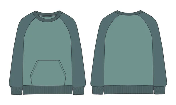 两种颜色的棉衣 长袖子 圆形领口与口袋汗衫技术时尚平面素描矢量模型的模板正面和背面观点孤立在白色背景 — 图库矢量图片