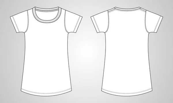 为女婴设计的短袖T恤服装设计模板 整体技术时尚平面图圆形船员领口矢量图上的前 后视图模型 — 图库矢量图片